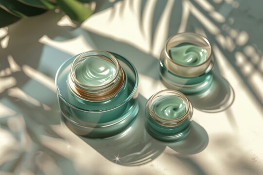 Beauty Face light Aloe Vera. Natural organic Skincare products: Transforming growth factor cosmetic lotion, moisture Morning dew gel, Eye gel serum and blank cream tube Blue chamomile oil jar pot