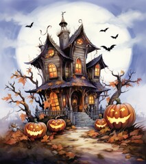 Fototapeta na wymiar KS cartoon images of a house with pumpkins on KS cartoon images of a house with