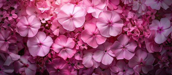 A cluster of pink phlox flowers suspended in mid-air, creating a mesmerizing display of beauty and grace. The delicate blooms appear weightless as they gently sway and dance with the breeze. - obrazy, fototapety, plakaty