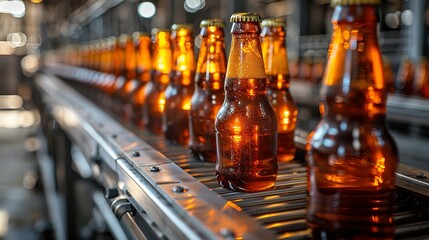 Banner Beer brewery conveyor. Brown glass alcohol bottles move on production line, modern equipment industrial drink with copy space - obrazy, fototapety, plakaty