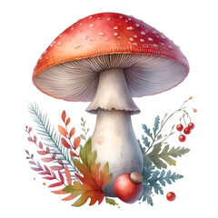 Fly agaric mushrooms in a forest, vibrant red with white spots, amid green grass and autumn foliage, symbolizing the beauty and toxicity of nature's fungi