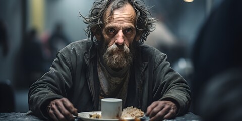 homeless person in a social canteen, homeless man eating, helping disadvantaged people