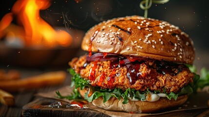 Delicious spicy fried chicken burger ads with burning fire on dark background