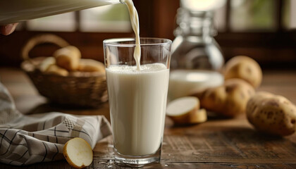 Lifestyle photo of potato milk, vegan potato milk in a glass and potatoes on a brown kitchen background, plant based milk, vegan food - obrazy, fototapety, plakaty