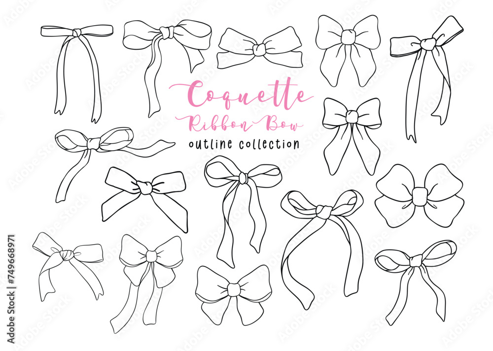 Wall mural coquette pink ribbon bow outline doodle drawing, retro vintage bow collection.