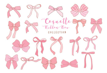 Coquette Pink Ribbon Bow Doodle Drawing, Retro vintage bow collection. - obrazy, fototapety, plakaty