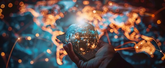 Hand and phone gently holding a glowing globe against a backdrop of interconnected network lines, signifying global connectivity and technology. - obrazy, fototapety, plakaty