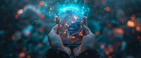 Hand and phone gently holding a glowing globe against a backdrop of interconnected network lines, signifying global connectivity and technology.