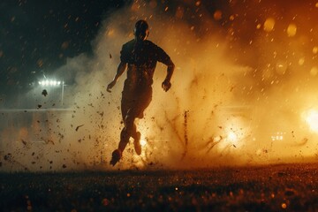 Dramatic image of an athlete running through an explosive backdrop, signifying determination and power.

