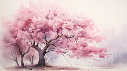 Obraz na płótnie Canvas A delicate watercolor painting captures the beauty of a cherry blossom tree in full bloom, evoking a sense of serene tranquility.