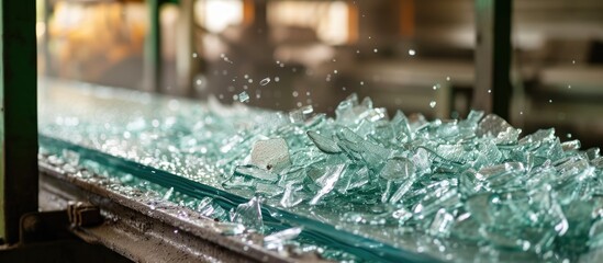 A detailed view of a single piece of glass moving along a conveyor belt at a recycling facility. The glass is on its way to be processed and reused for creating new products, contributing to
