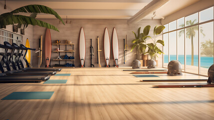 A gym interior with a beach theme, using sand-colored flooring and surfboard racks for equipment storage. - Powered by Adobe