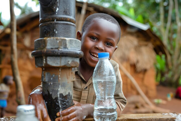 a happy african child filling a water bottle from a newly installed fresh water well. Generative ai - obrazy, fototapety, plakaty
