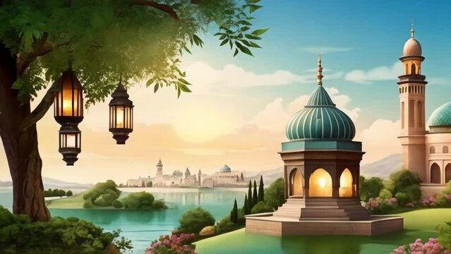 islamic decorative with arabic lantern background and mosque in beautifull view landscape nature
