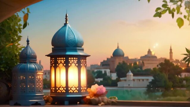 islamic decorative with arabic lantern background and mosque in beautifull view landscape nature