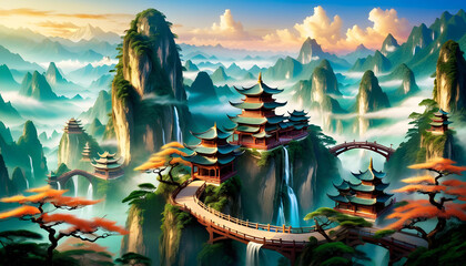 Fototapeta premium Eastern Fantasy Landscape, Fictional, Dreamlike, Imaginary, Magical, Enchanted, Unreal, Mythical, Surreal, Wonderland, Fairy Tale, Epic, Whimsical, AI Generated.