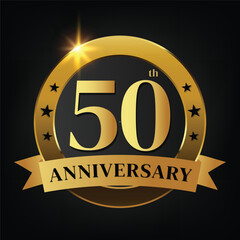 50th golden anniversary logo,with Laurel Wreath and gold ribbon Vector Illustration