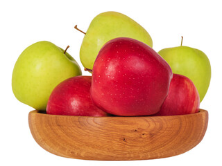 Healthy food, apples. Red and green apples in a wooden bowl isolate.
