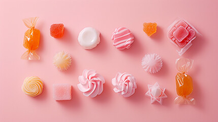 Image of cute candies lined up on pink background
