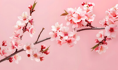 a branch of a cherry tree with pink flowers on a pink background,Generative AI 
