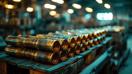 Many of new artillery shells are in military warehouse, metal munition in storage of weapons factory closeup. Concept of war, background, equipment, supply, production - Powered by Adobe