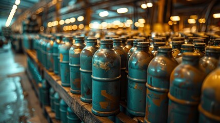 Many of new artillery shells are in military warehouse, metal munition in storage of weapons factory closeup. Concept of war, background, equipment, supply, production - obrazy, fototapety, plakaty