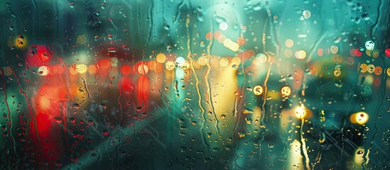Obraz na płótnie Canvas Rain drops streak down a window as cars drive down a wet city street at night, with colorful bokeh in the blurry background.