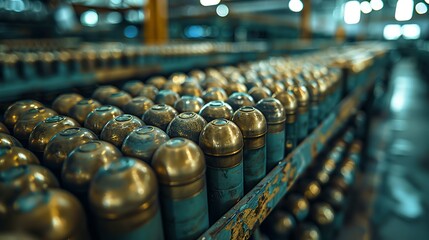 Many of new artillery shells are in military warehouse, metal munition in storage of weapons factory closeup. Concept of war, background, equipment, supply, production - obrazy, fototapety, plakaty