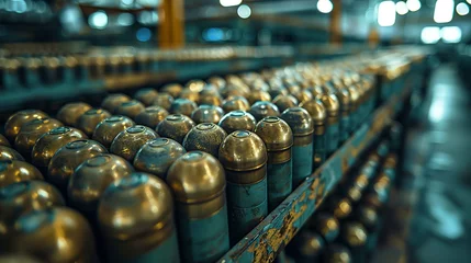Fotobehang Many of new artillery shells are in military warehouse, metal munition in storage of weapons factory closeup. Concept of war, background, equipment, supply, production © Jennifer