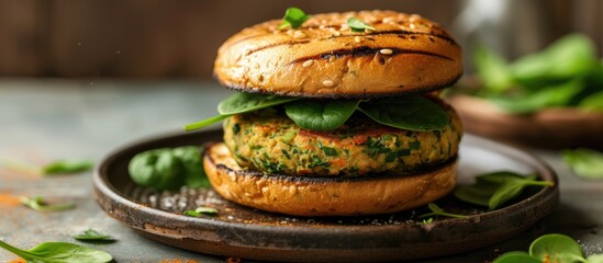 A close-up view of a plant-based burger sandwich on a plate, featuring a patty made of peas, beans, and spinach, topped with sun-dried tomato pesto and grilled zucchini. - Powered by Adobe