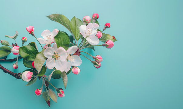 cherry blossom flowers and green leaves on a teal background with a light blue backgrould backround.Generative AI 
