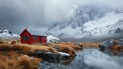 A solitary red cabin stands out against a dramatic snowy mountain landscape, with a serene lake in the foreground under a gloomy sky.