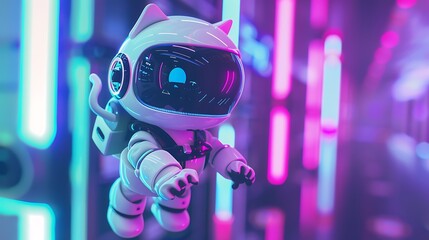a white robot cat with a black visor, hovering with an anti-gravity backpack with a color scheme of purple, pink, and blue. - obrazy, fototapety, plakaty