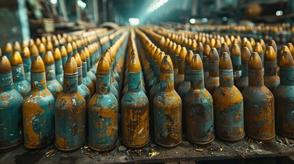 Many of new artillery shells are in military warehouse, metal munition in storage of weapons factory closeup. Concept of war, background, equipment, supply, production