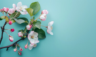 cherry blossom flowers and green leaves on a teal background with a light blue backgrould backround.Generative AI 