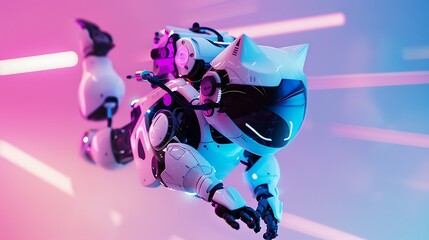 a white robot cat with a black visor, hovering with an anti-gravity backpack with a color scheme of purple, pink, and blue.