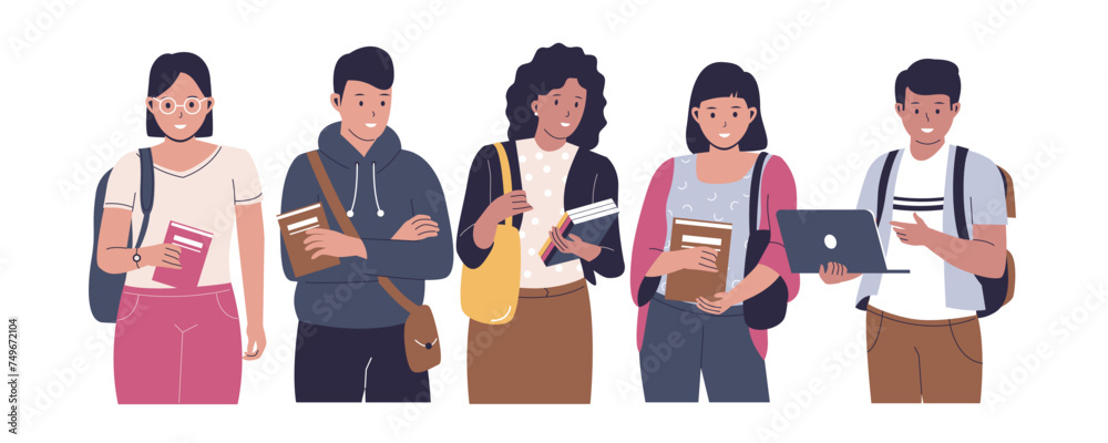 Wall mural group diverse students or university classmates. vector flat illustration