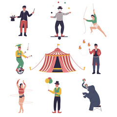 Set of Circus performers artists and animals. Vector flat illustration