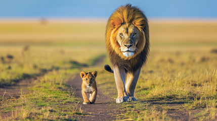 Discover the Heart of Africa with this Enthralling Glimpse of a Lion and His Cub on the Savannah Journey of Survival