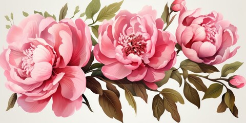 Three Pink Peony Flowers With Green Leaves on a White Background Generative AI