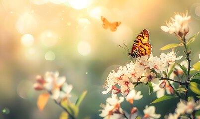 Beautiful spring nature background with butterfly, Generative AI 