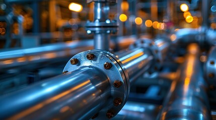 Fototapeta premium Pipeline and pipe rack of an oil, chemical, hydrogen or ammonia industrial plant. Distribution of liquid along the main pipeline. Close-up