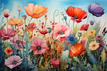 Field of Wildflowers Painting Generative AI