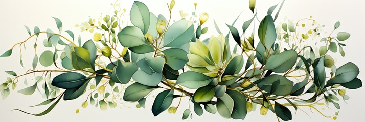 Green Eucalyptus Leaves Painting on White Background Generative AI