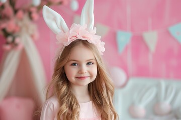 Little girl with Easter bunny ears smiles on Easter background in studio. Easter concept