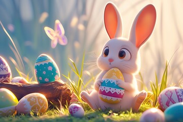 Cute white Easter bunny admires a butterfly surrounded by colorful painted Easter eggs while sitting on the grass on a spring blurred background. Easter concept