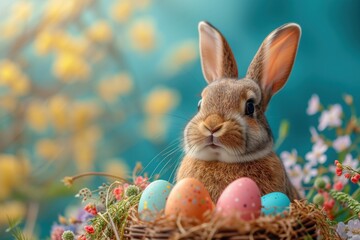 Fototapeta na wymiar Easter bunny sitting in a nest along with Easter eggs and flowering twigs on a spring blurred background with space for text. Easter concept