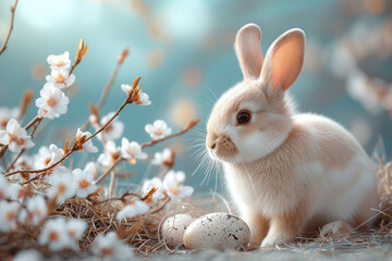 The Easter bunny sits along with Easter eggs and flowering twigs on a spring blurred background with space for text. Easter concept