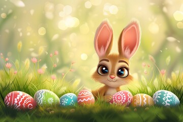 Cute bunny smiles contentedly among many colorful painted Easter eggs on green grass on a spring background with bokeh and space for text. Happy Easter concept