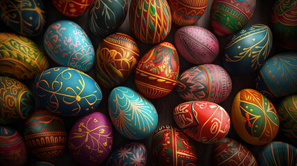 Colorful pysanky Ukrainian Easter eggs - obrazy, fototapety, plakaty